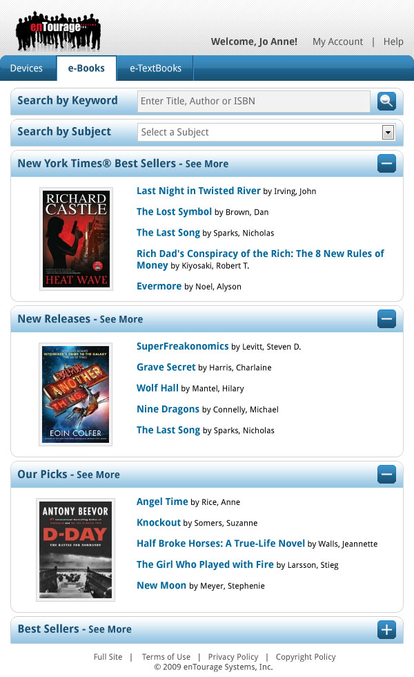 enTourage eDGe Store Mobile App e-Books Page